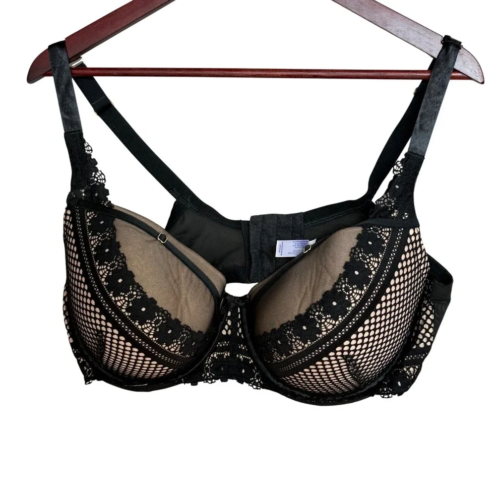 Cacique Boost Balconette Bra Womens 42DD‎ Black Tan Nylon Lace Fishnet 595224